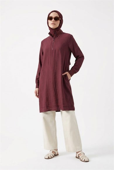 Yarım Fermuarlı Kolları Lastikli Çilek Kumaş Tunik Vişne 26YT462