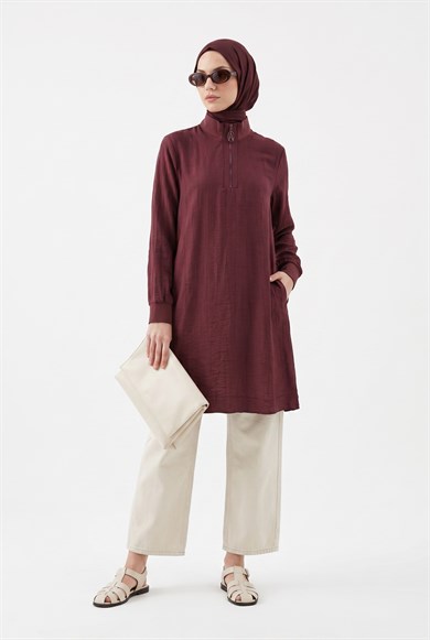 Yarım Fermuarlı Kolları Lastikli Çilek Kumaş Tunik Vişne 26YT462