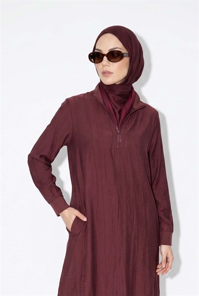 Yarım Fermuarlı Kolları Lastikli Çilek Kumaş Tunik Vişne 26YT462