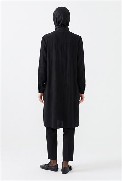 Yarım Fermuarlı Kolları Lastikli Çilek Kumaş Tunik Siyah 26YT462