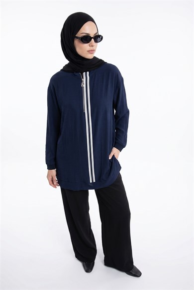 Yarım Fermuarlı Kolları Lastikli Önü Şeritli Hakım Yaka Tunik Lacivert 26YT465