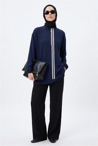 Yarım Fermuarlı Kolları Lastikli Önü Şeritli Hakım Yaka Tunik Lacivert 26YT465