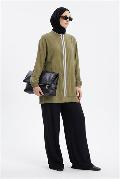 Yarım Fermuarlı Kolları Lastikli Önü Şeritli Hakım Yaka Tunik Küf Yeşili 26YT465