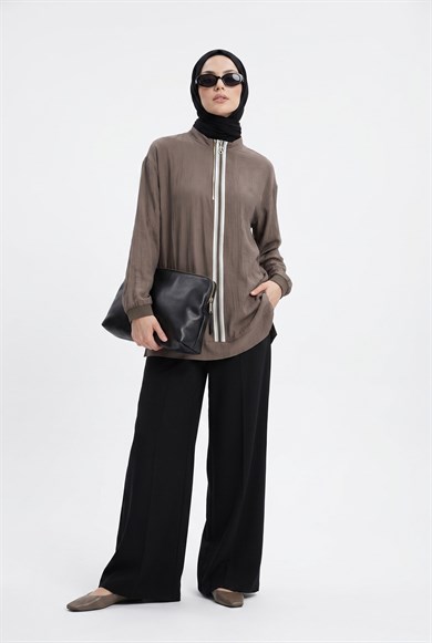 Yarım Fermuarlı Kolları Lastikli Önü Şeritli Hakım Yaka Tunik Duman 26YT465