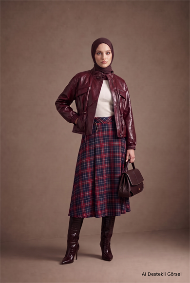 Yüksek Bel Ekose Desenli Uzun Etek 92 Cm Boy Bordo 26KT112