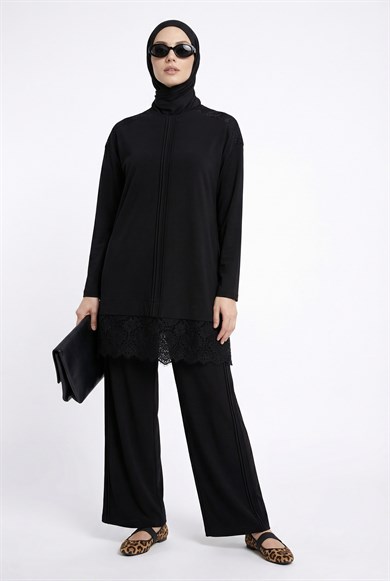 Zarif Dantel Detaylı Pantolonlu İkili Takım Siyah 26YT660