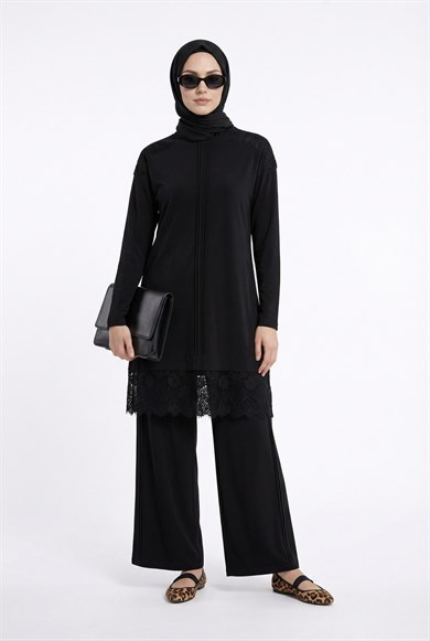 Zarif Dantel Detaylı Pantolonlu İkili Takım Siyah 26YT660