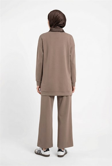Zincir Çiçek Desenli Boydan Fermuarlı Pantolonlu İkili Takım Sütlü Kahve 26YT601