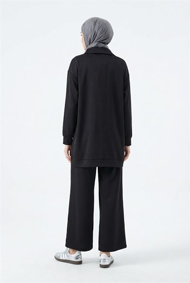 Zincir Çiçek Desenli Boydan Fermuarlı Pantolonlu İkili Takım Siyah 26YT601