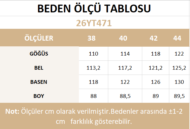 26YT471 Beden Ölçü Tablosu