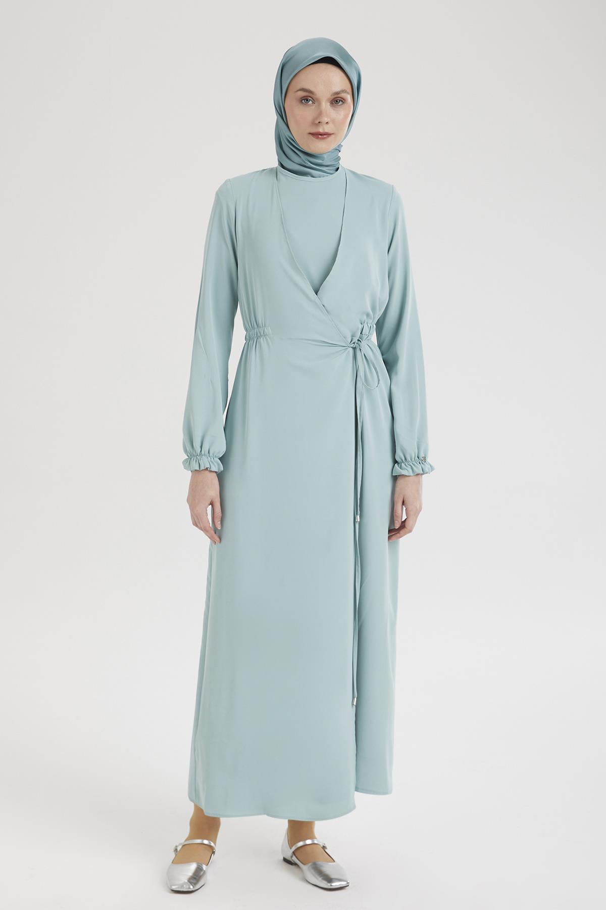 ARMİNE TREND Kolları Lastikli V Yaka Detaylı Elbise-Mint 25YT944