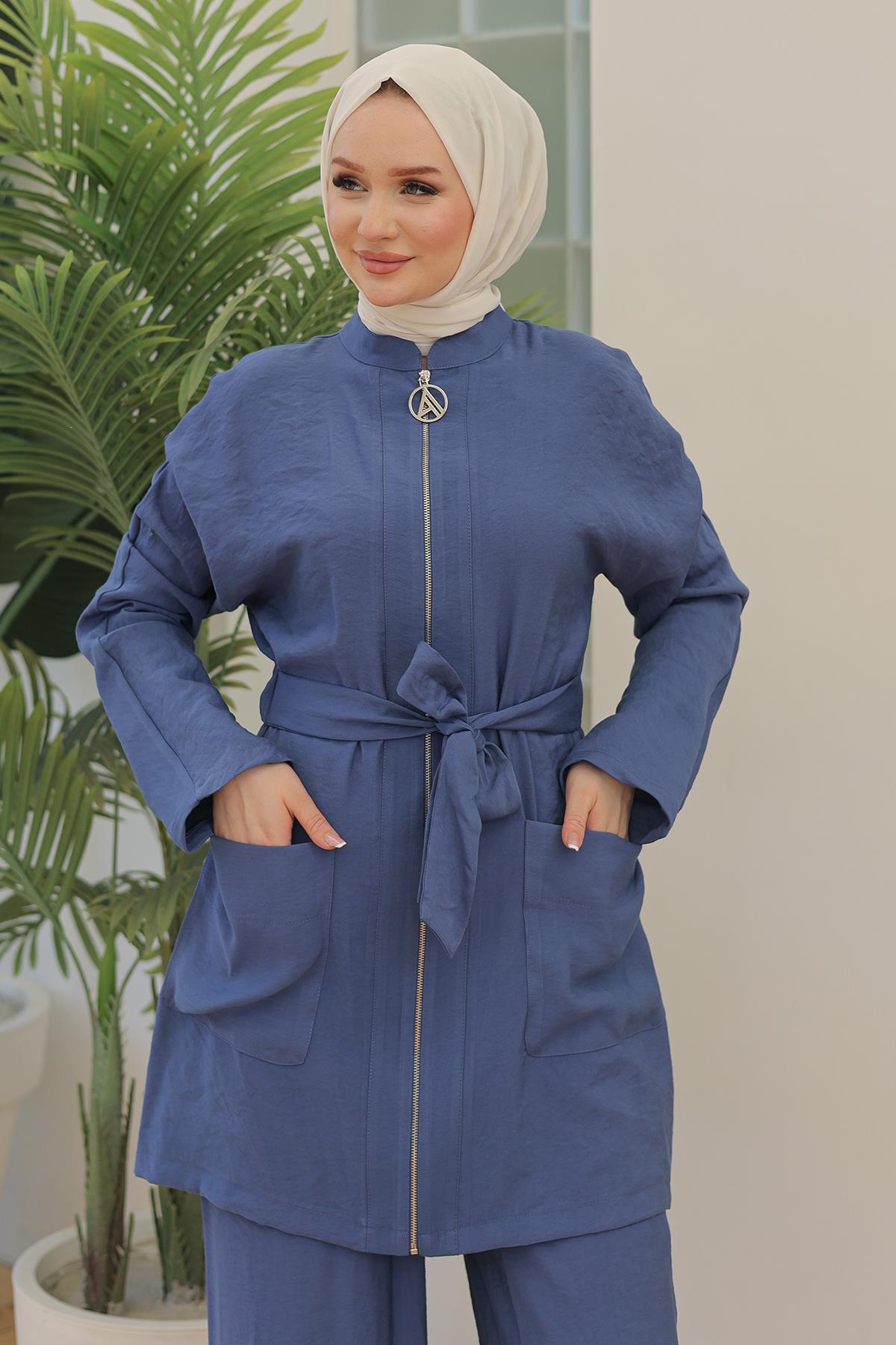 ARMİNE TREND Beli Kuşaklı Pantolonlu Takım İndigo 24YT696