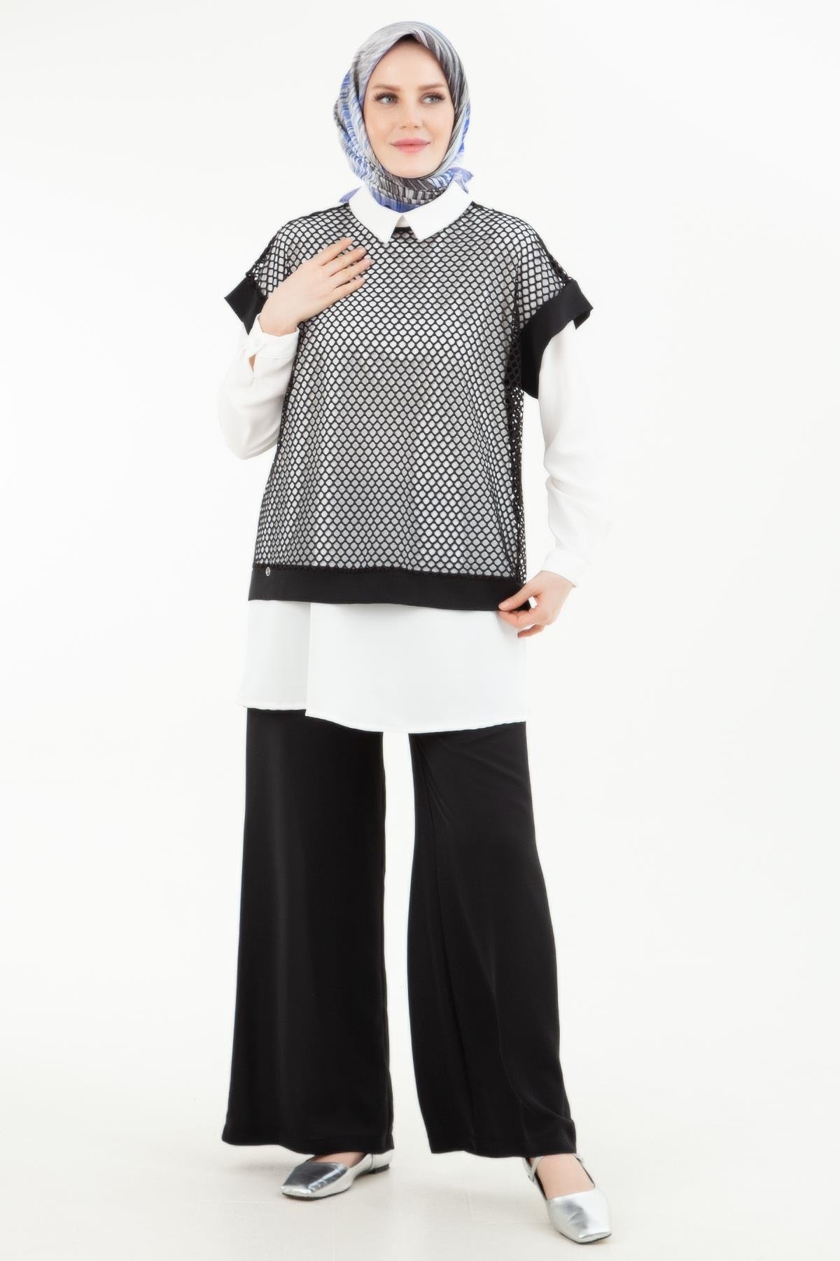 ARMİNE TREND Beli Lastikli Pantolonlu Basic Gömlekli Fileli Üçlü Takım Siyah 24YT633