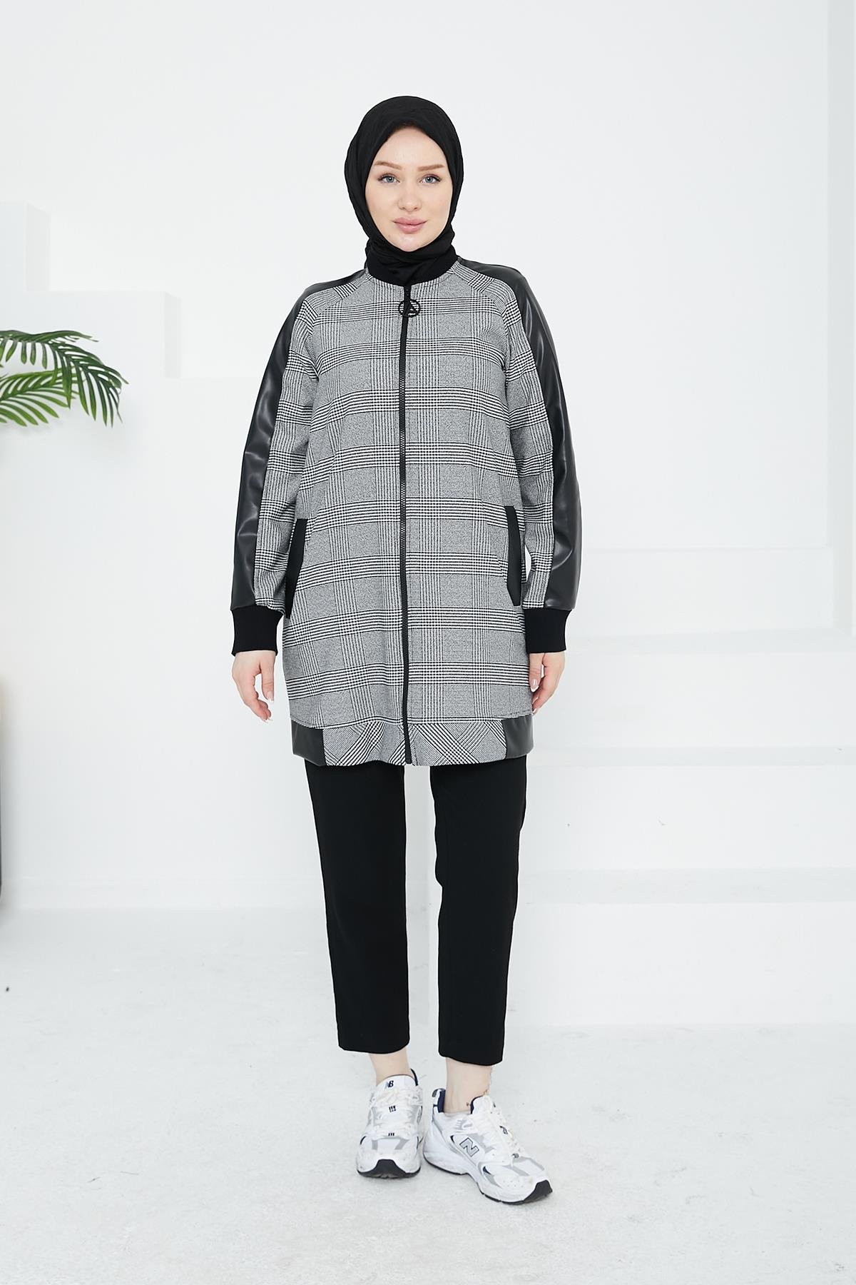 ARMİNE TREND Cepli Ekose Kare Desenli Tunik-Siyah 24KT465