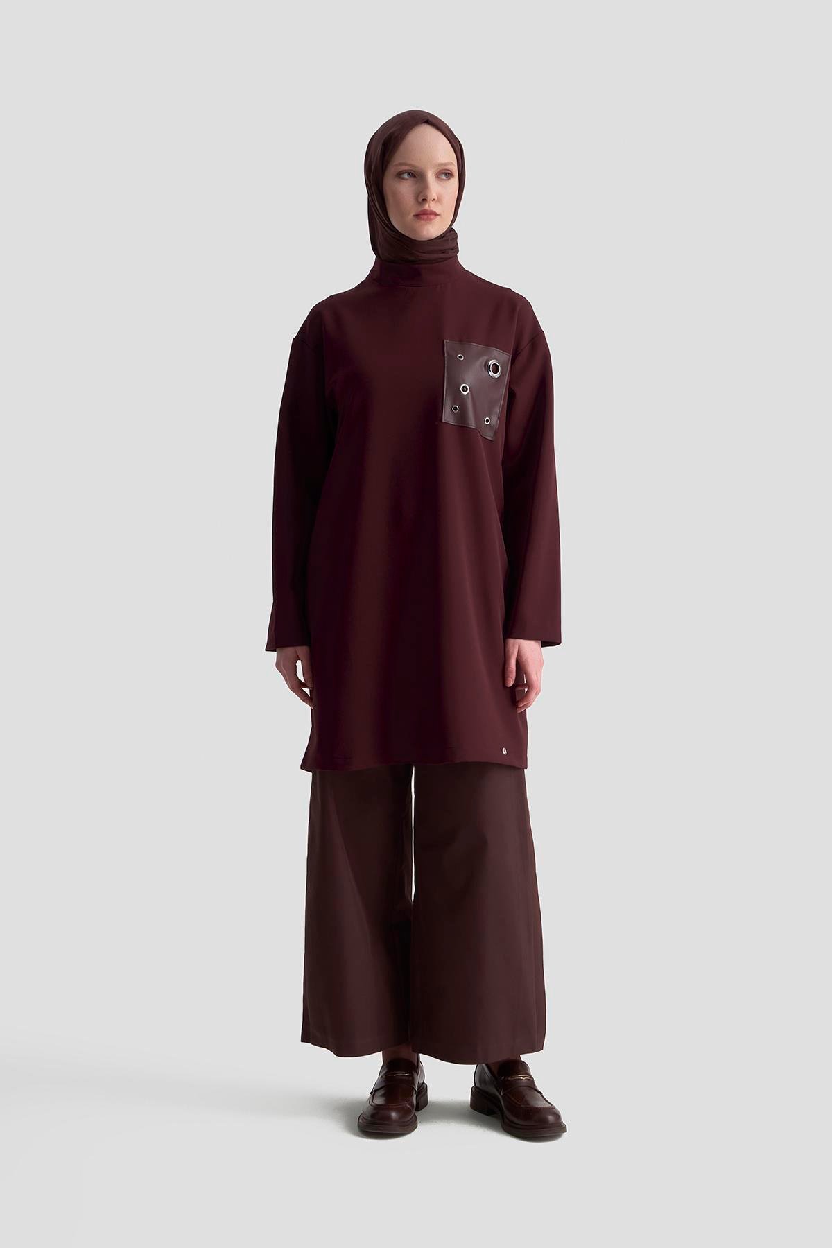 ARMİNE TREND Deri ve Kuşgözü Detaylı Tunik Bordo 25KT438