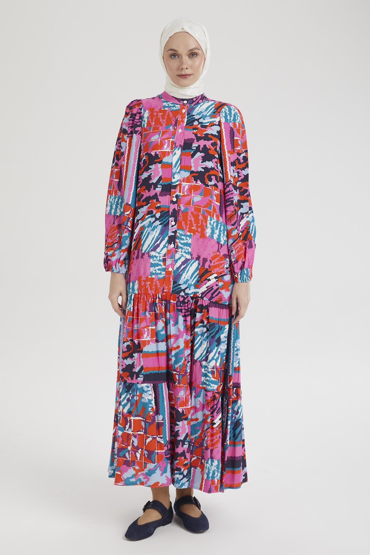ARMİNE TREND Desenli Renkli Elbise Pembe 24YT952