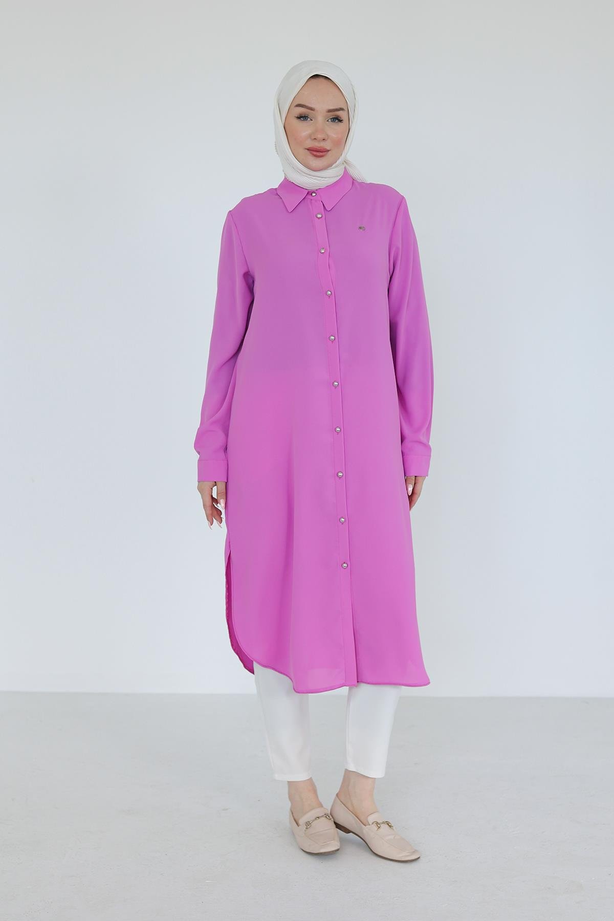 ARMİNE TREND Gömlek Yaka Boydan Düğmeli Tunik-Pembe 25YT448