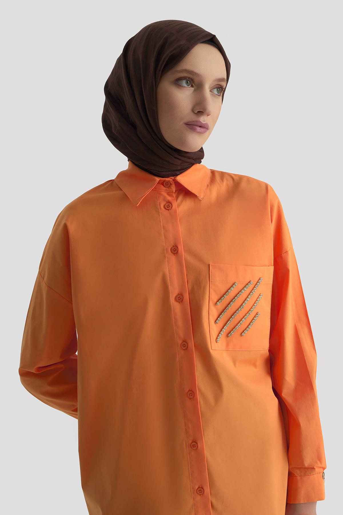 ARMİNE TREND Gömlek Yaka Taş Detaylı Tunik-Oranj 25YT306
