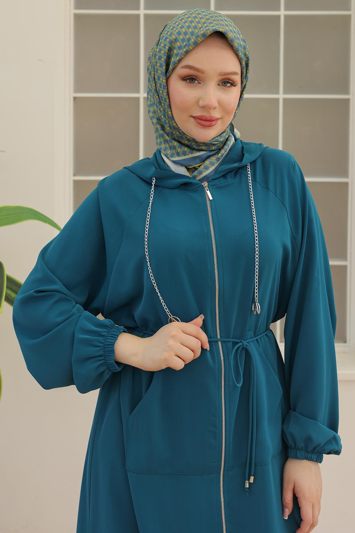 ARMİNE TREND Kapüşonlu Zincir Detaylı Fermuarlı Giy Çık Petrol