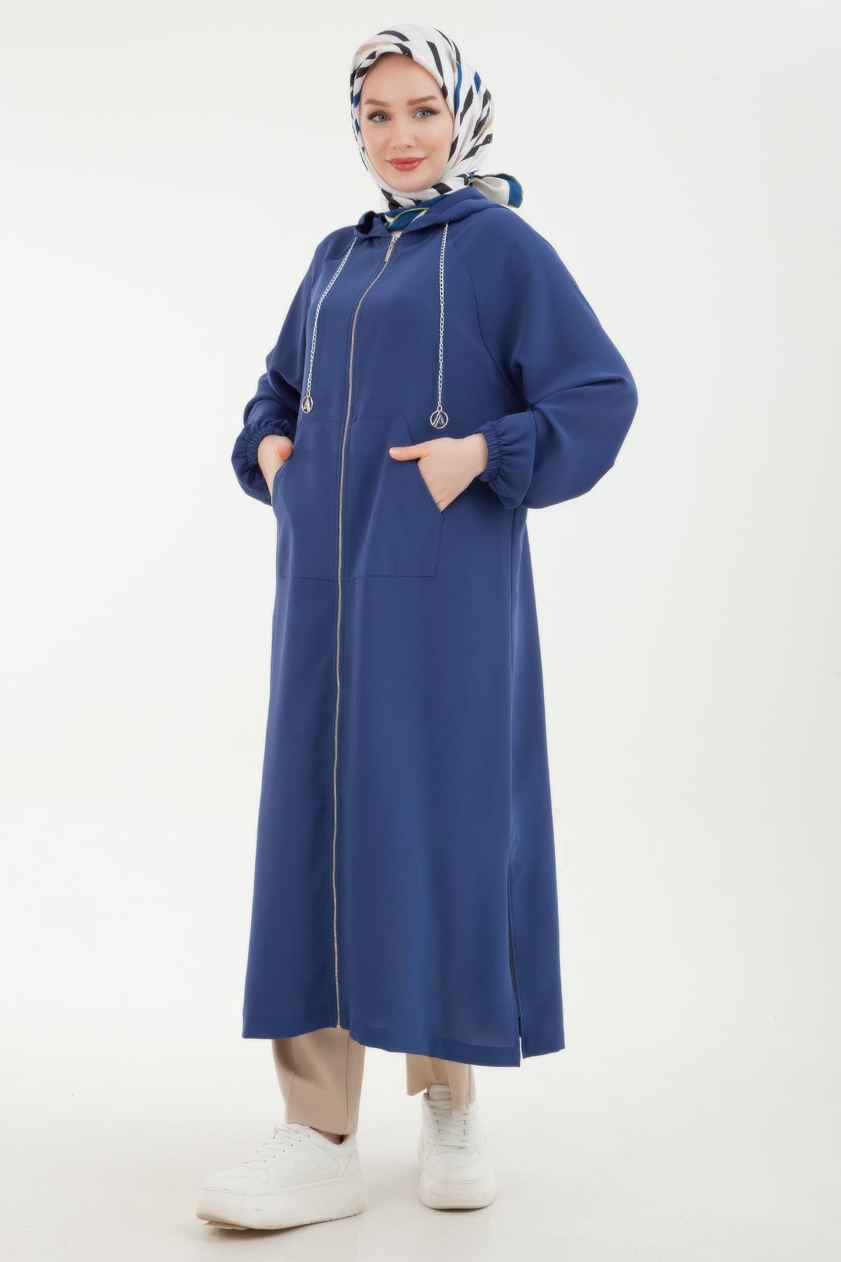 ARMİNE TREND Kapüşonlu Zincir Detaylı Fermuarlı Giy Çık İndigo 24YT762