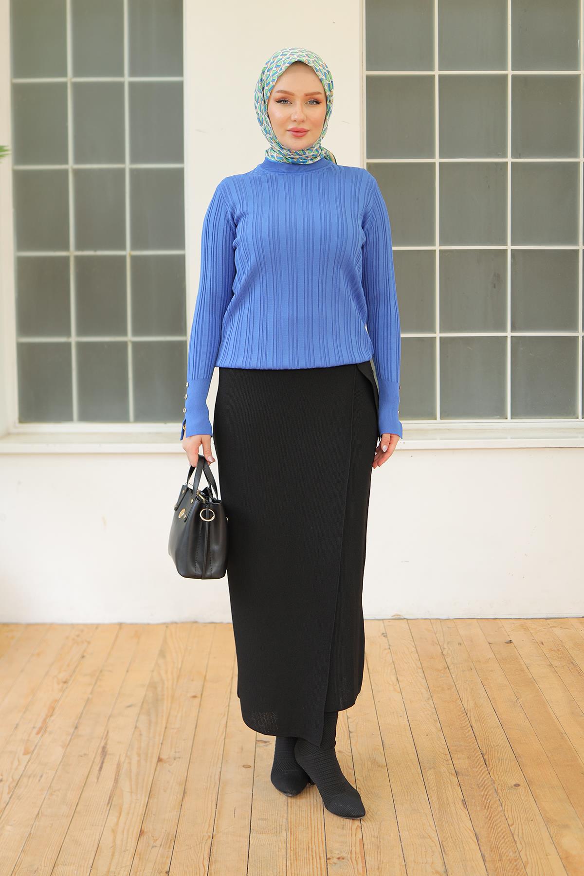 ARMİNE TREND Kolları Düğme Detaylı Triko Tunik-Saks 24KTD301