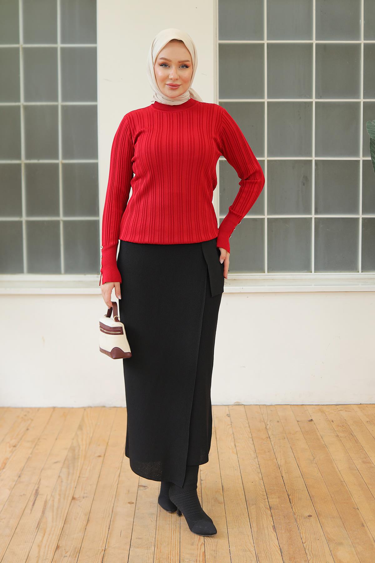 ARMİNE TREND Kolları Düğme Detaylı Triko Tunik-Kırmızı 24KTD301