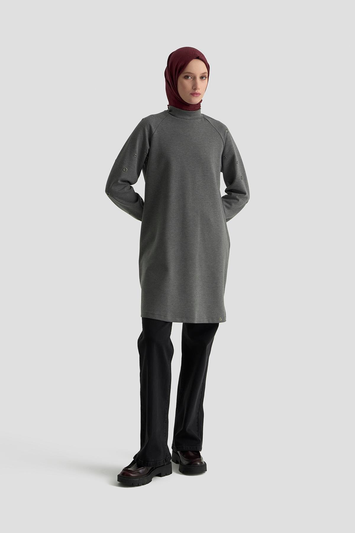 ARMİNE TREND Kolları Kuşgözü Detaylı Tunik Gri 25KT431