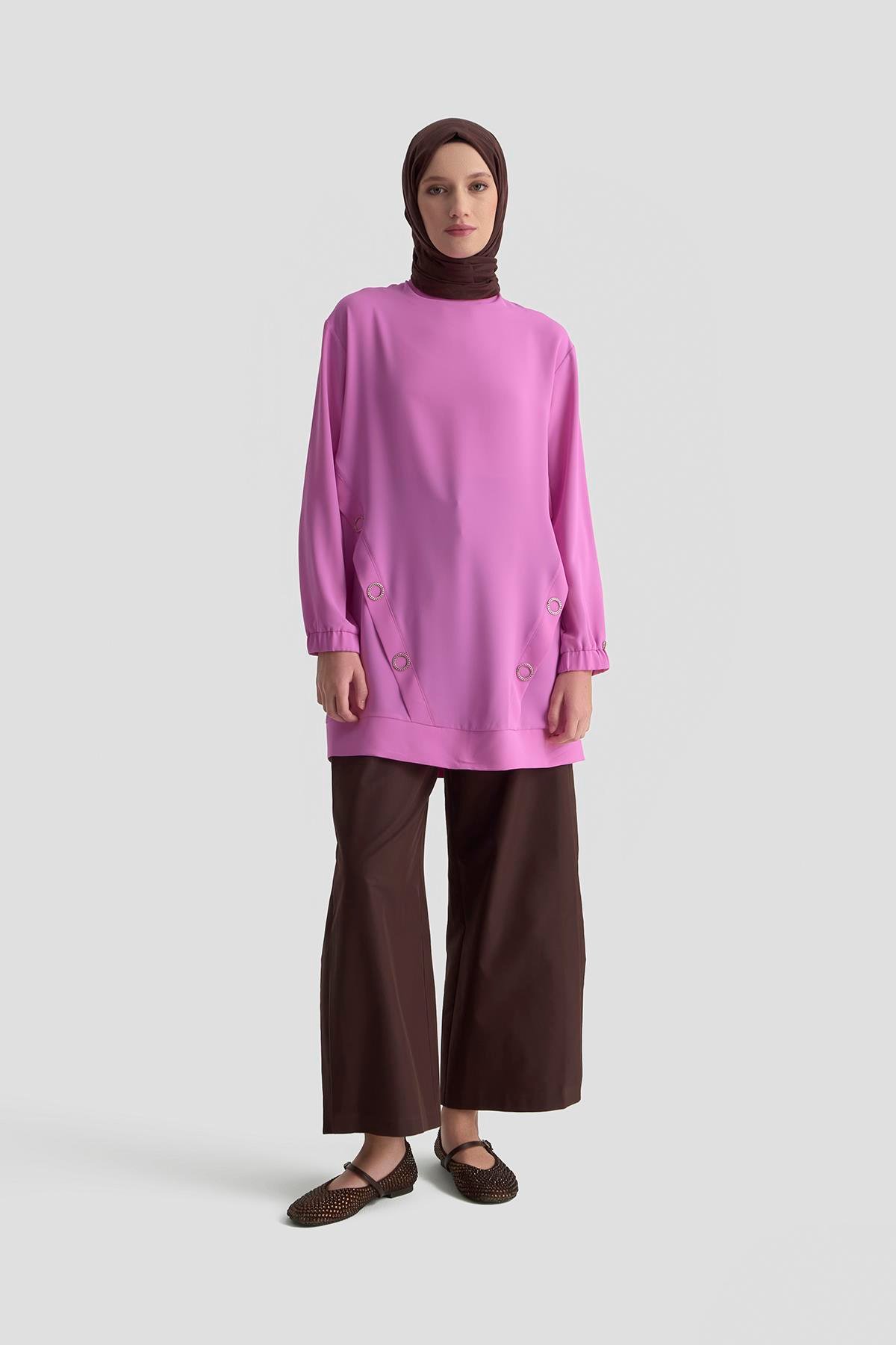 ARMİNE TREND Kolları Lastikli Aksesuar Detaylı Bisiklet Yaka Tunik 25YT415 Pembe