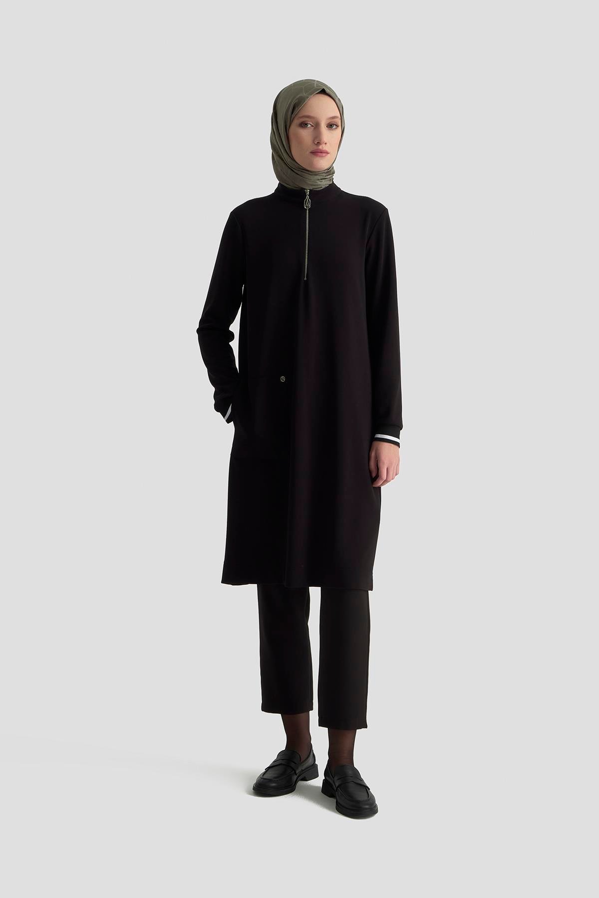 ARMİNE TREND Kolları Ribanalı Yarım Fermuarlı Tunik Siyah 25KT443