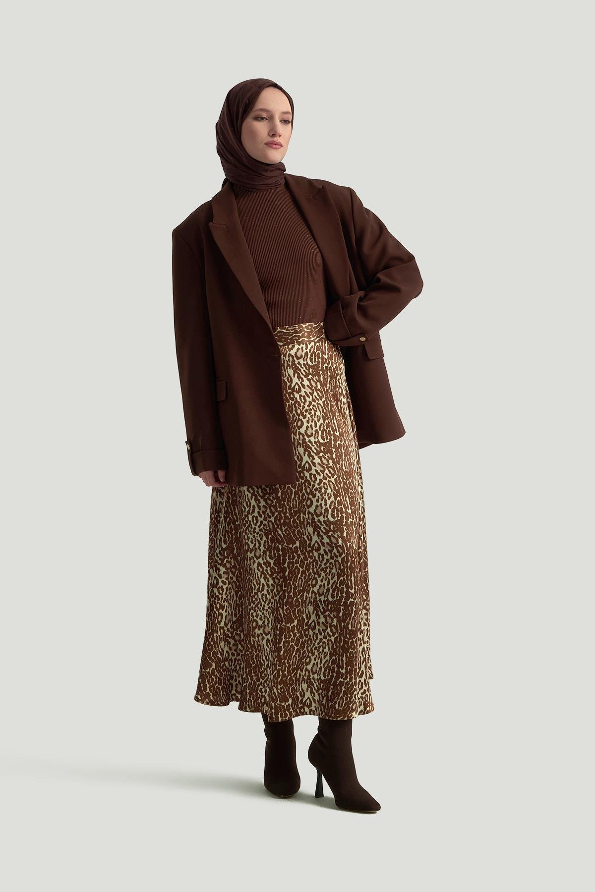 ARMİNE TREND Leopar Desenli Etek-Kahverengi 24KT103