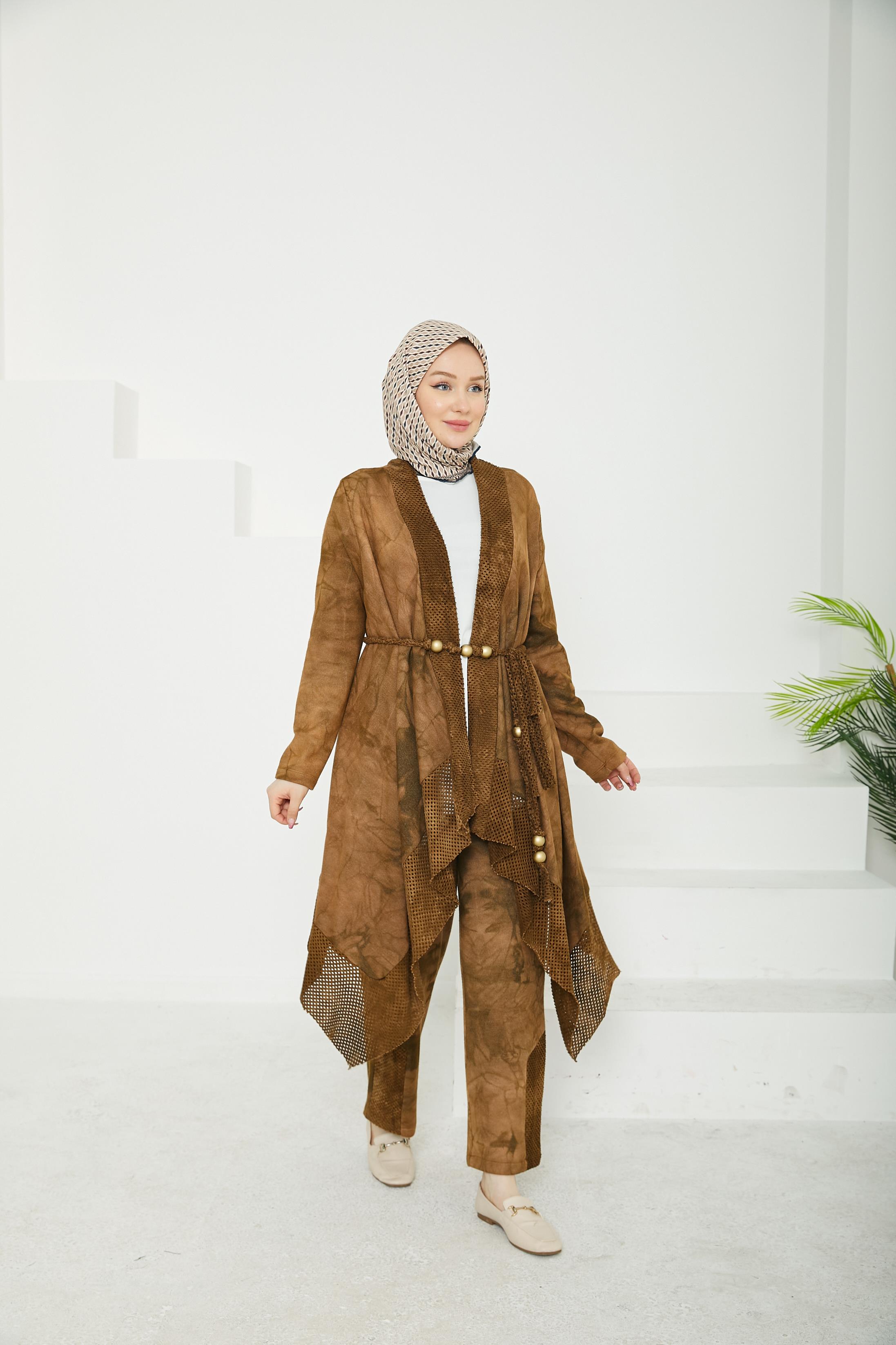 ARMİNE TREND Pantolonlu Penye ve Hırkalı Üçlü Takım-Kahverengi