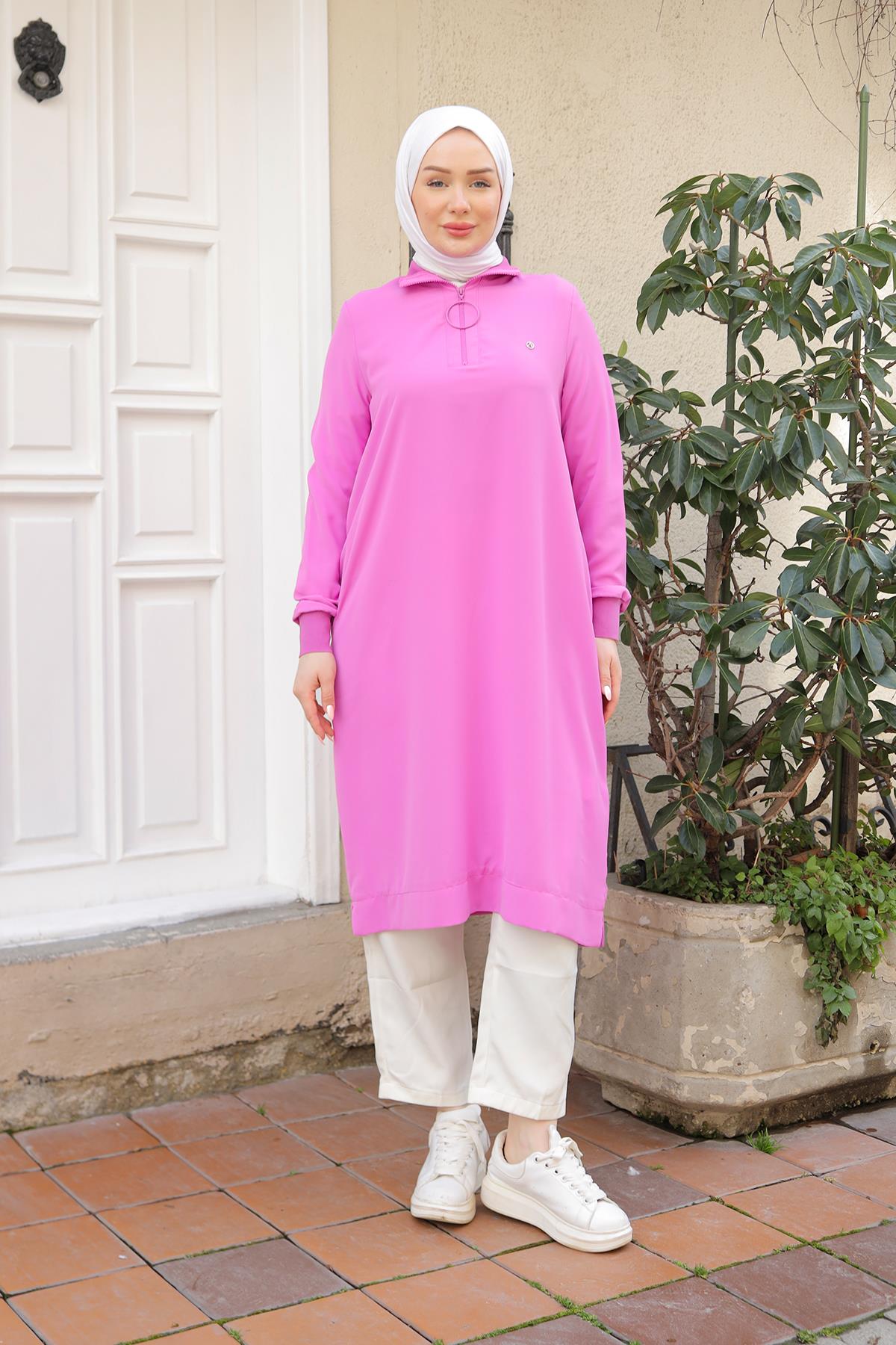 ARMİNE TREND Ribanalı Fermuarlı Krep Kumaşlı Tunik-Pembe 25YT460