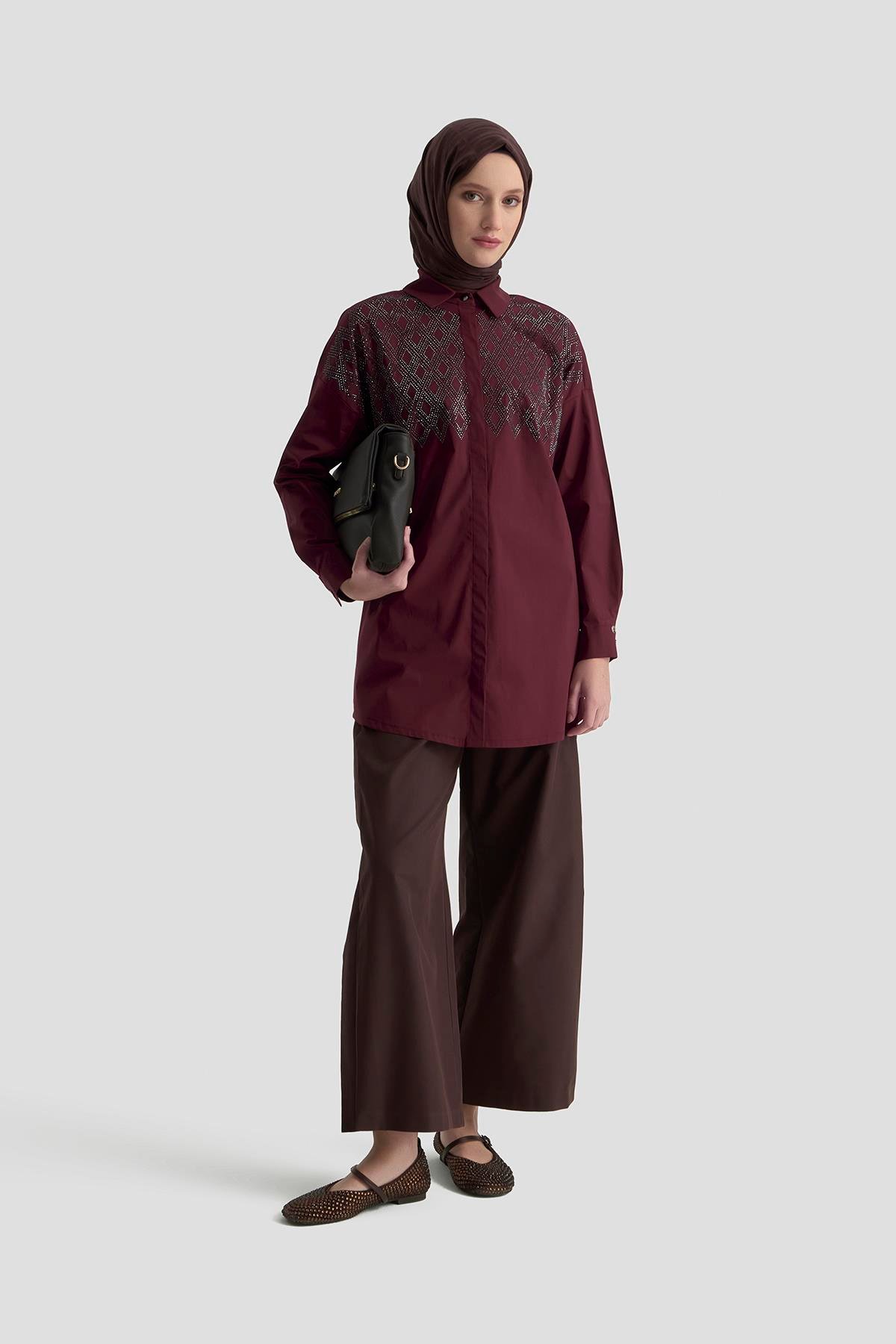 ARMİNE TREND Taş İşlemeli Gizli Düğmeli Tunik-Vişne 25KT419
