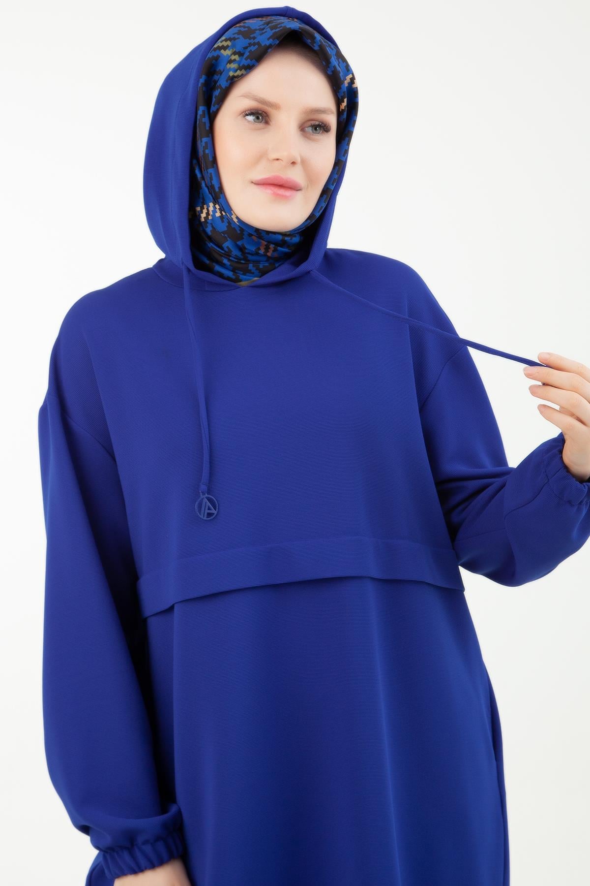 ARMİNE TREND Yandan Cepli Kolları Lastikli Kapüşonlu Tunik-Sax 23KT446