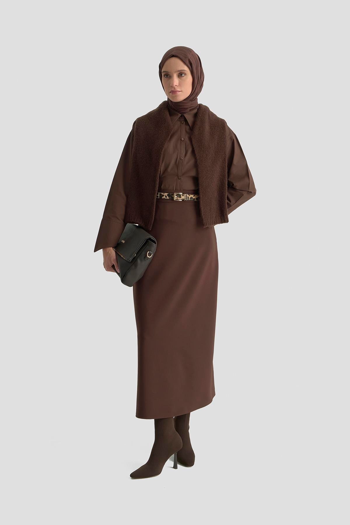 ARMİNE TREND Yandan Fermuarlı Çan Etek Acı Kahve 25KT117