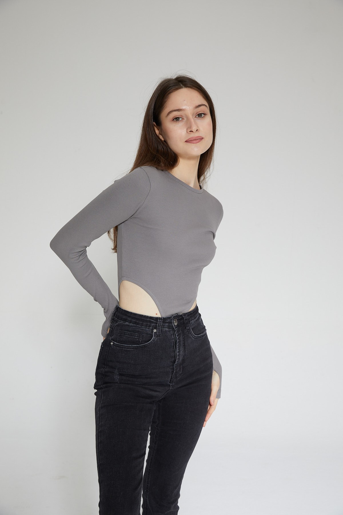 Antrasit Kadın Fitilli Bel Dekolteli Parmak Detaylı Bodysuit - Ren