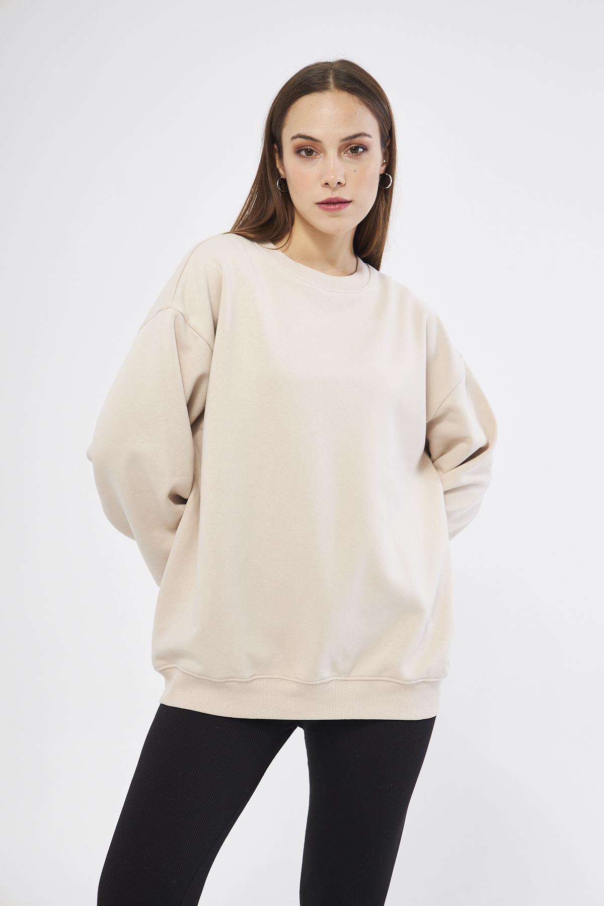Bej Kadın Oversize Basic Şardonlu Sweatshirt - Karmen