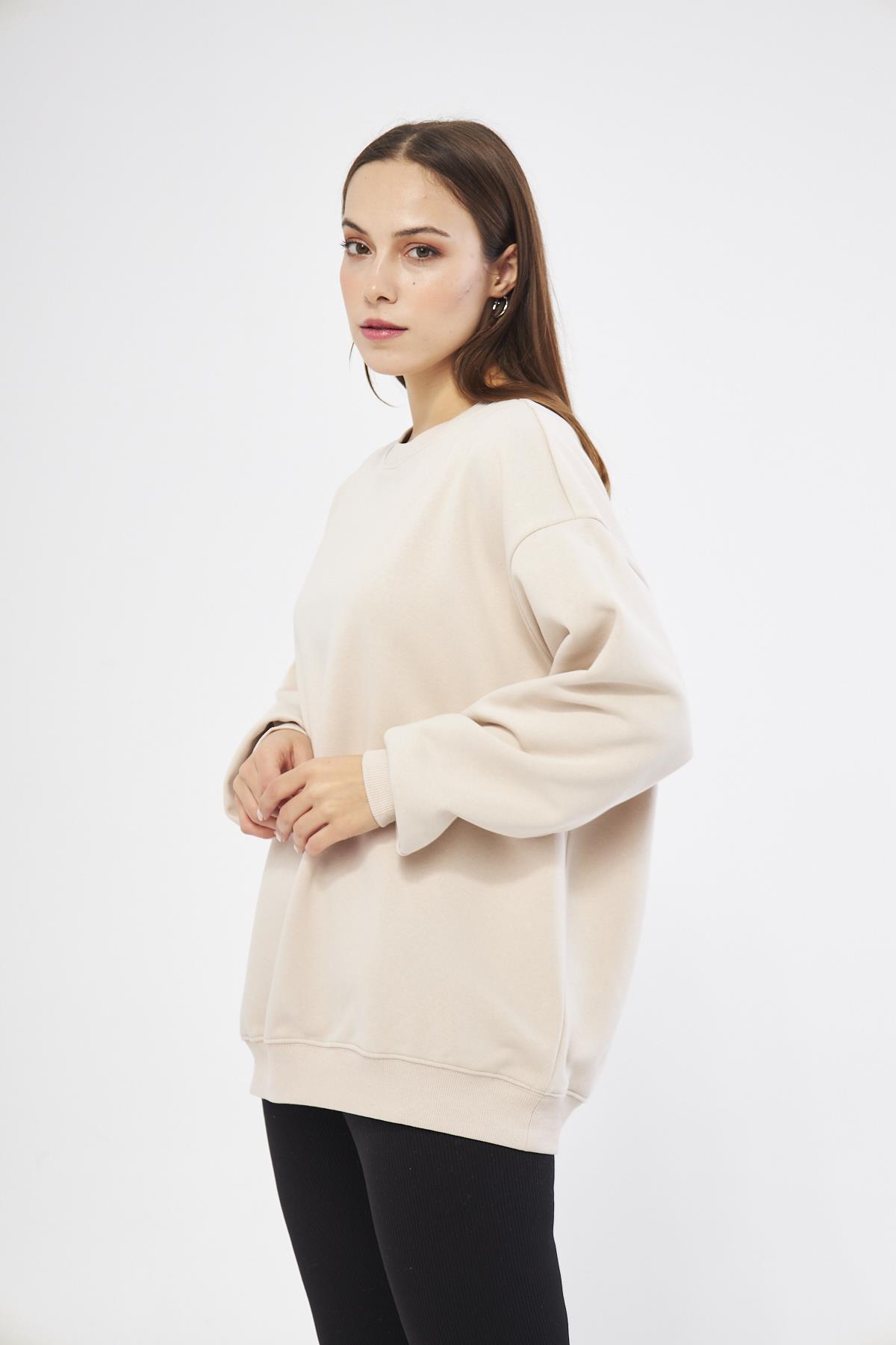 Bej Kadın Oversize Basic Şardonlu Sweatshirt - Karmen