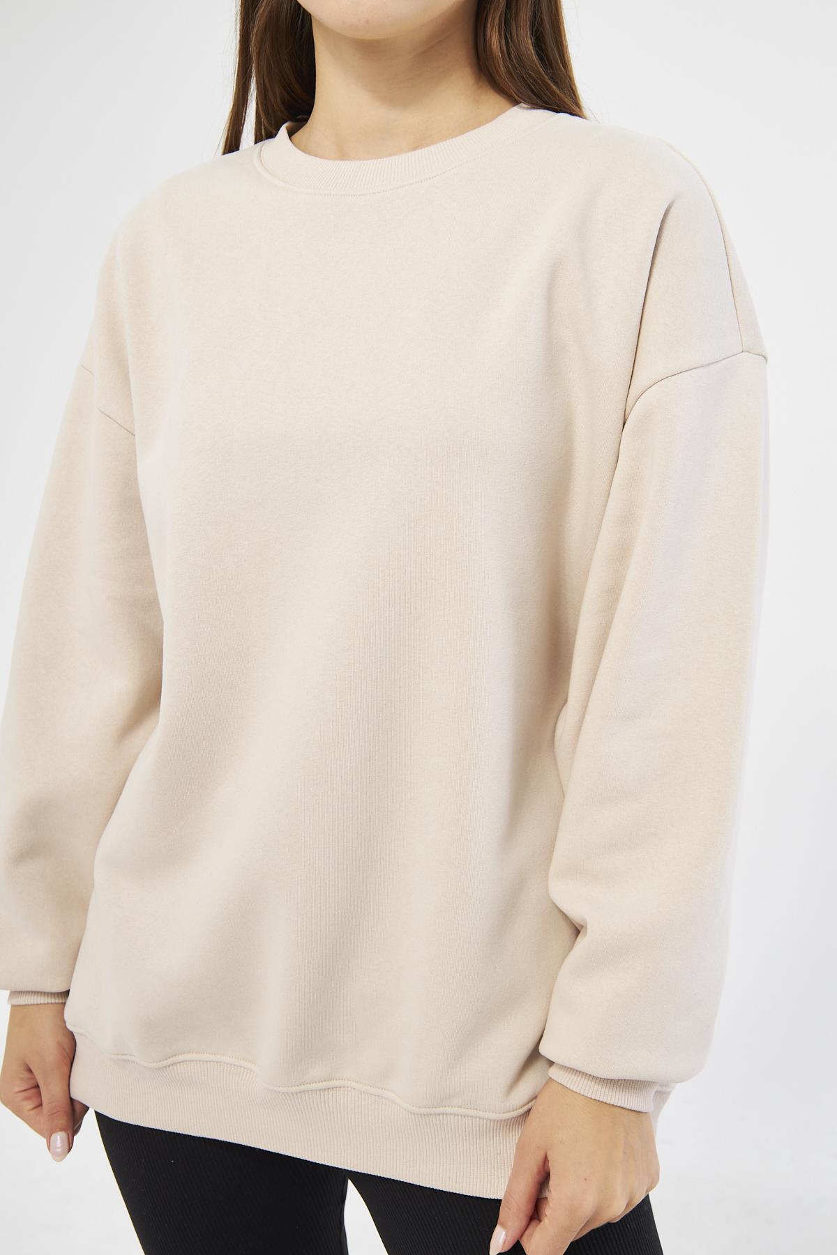 Bej Kadın Oversize Basic Şardonlu Sweatshirt - Karmen