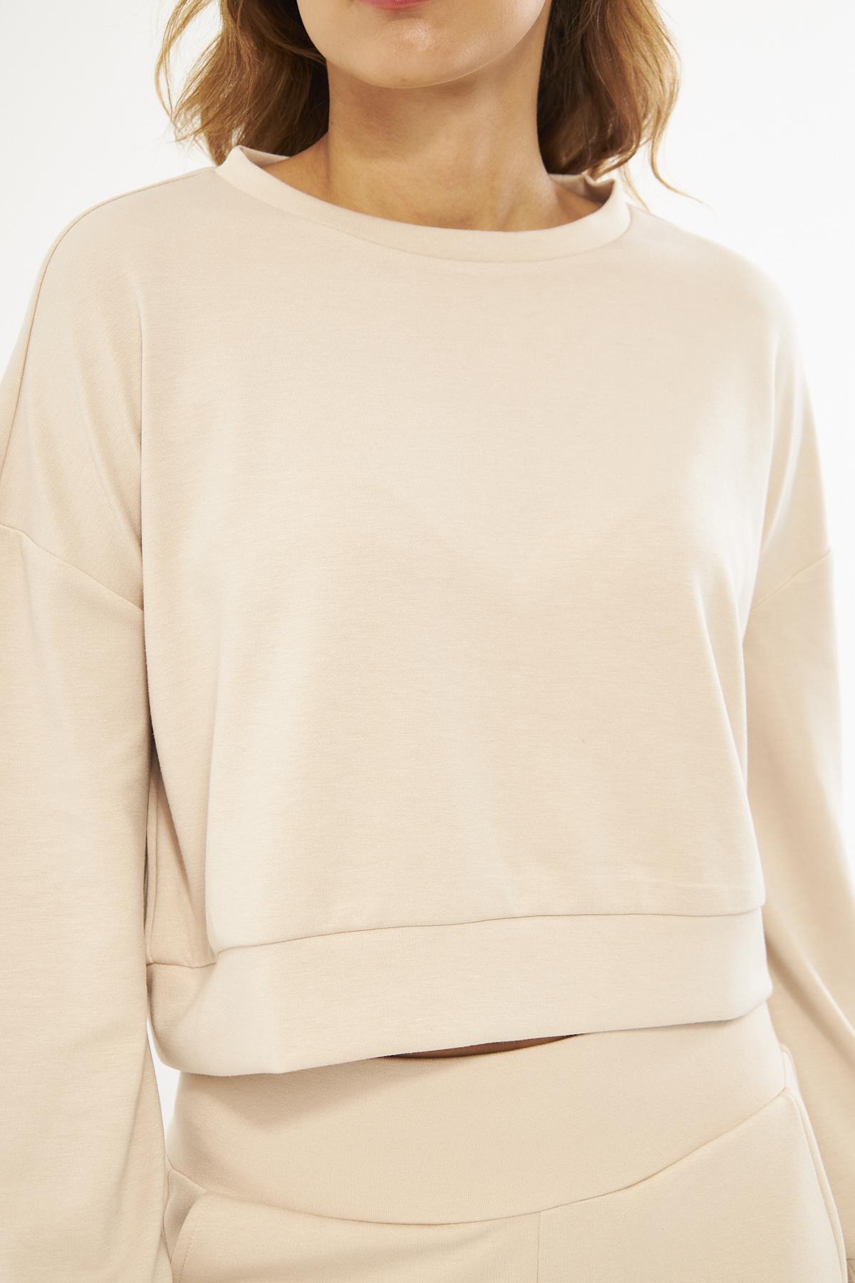 Bej Kadın Uzun Kollu Crop Sweatshirt - Gobi