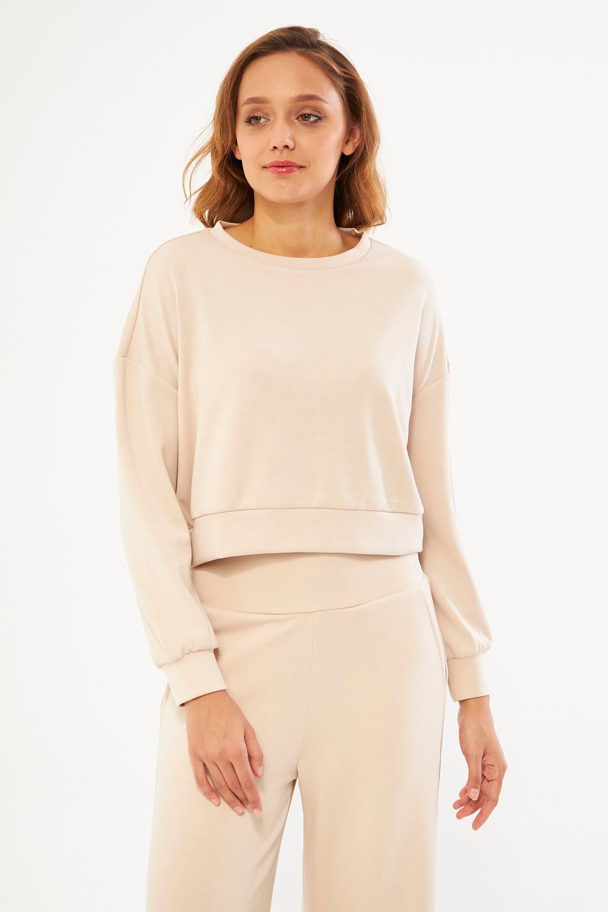Bej Kadın Uzun Kollu Crop Sweatshirt - Gobi