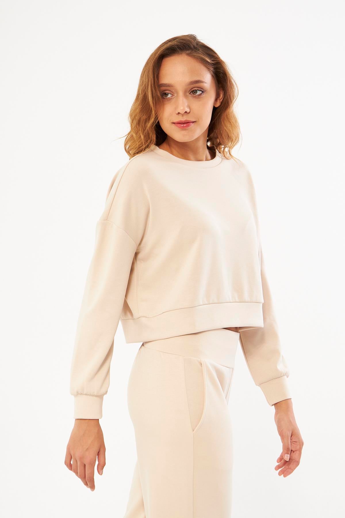 Bej Kadın Uzun Kollu Crop Sweatshirt - Gobi