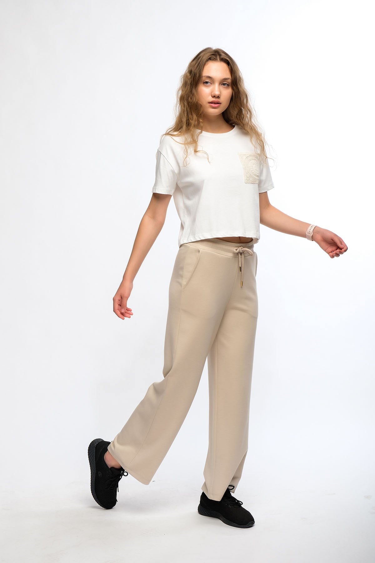 Bej Kadın Bol Paça Eşofman Altı Wide Leg Pantolon - Genas