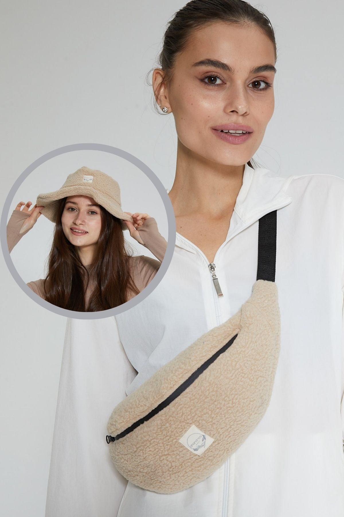 Bej Peluş Çanta ve Şapka 2li Paket
