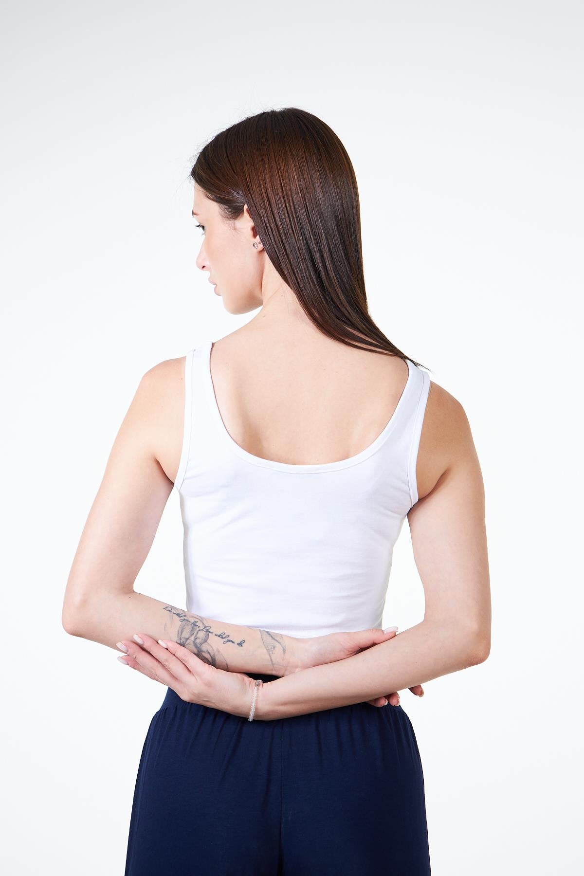 Beyaz Kadın Askılı Crop Atlet Tshirt- Feeled