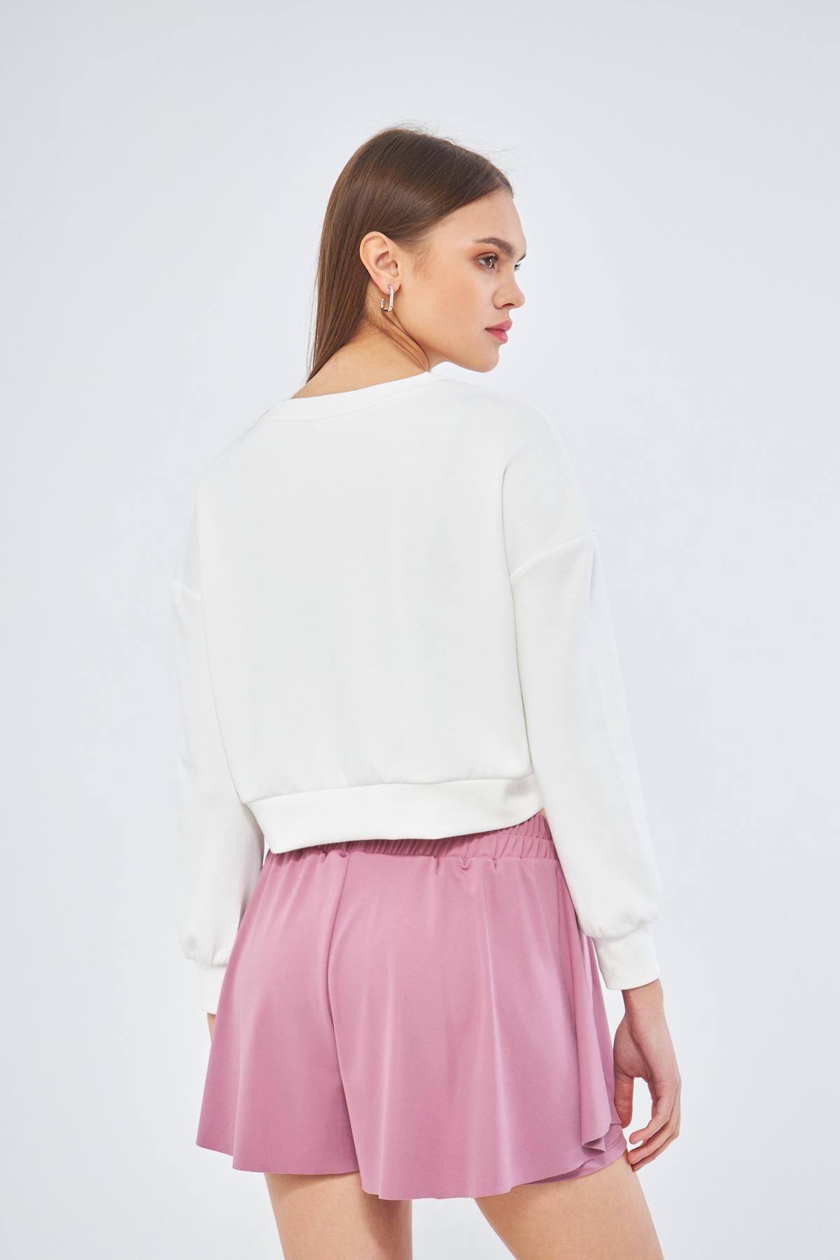 Beyaz Kadın Uzun Kollu Crop Sweatshirt - Gobi