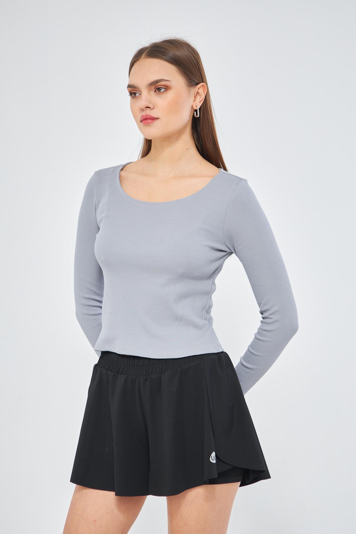 Gri Kadın Basic Açık Yaka Uzun Kollu Bluz - Soma