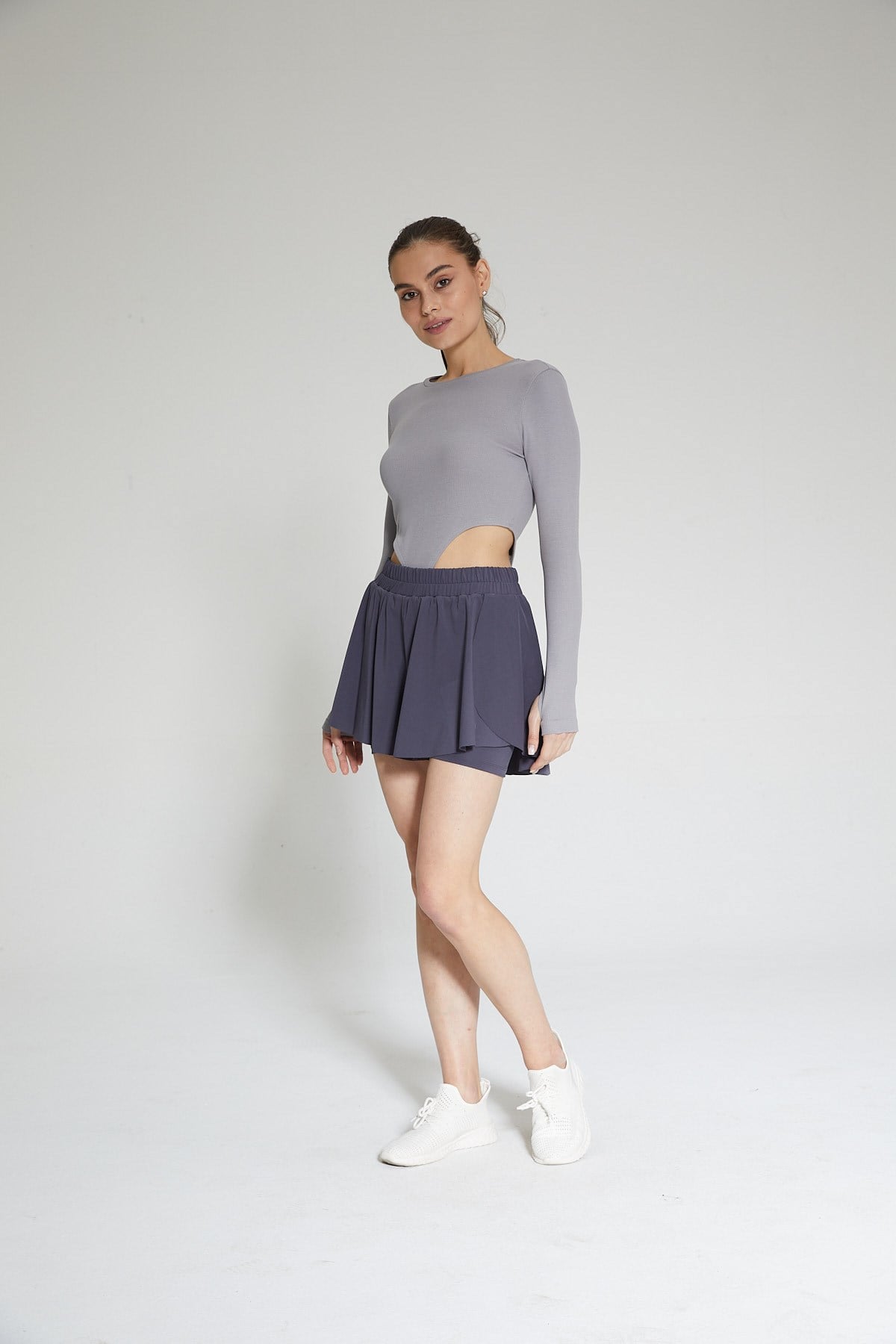 Gri Kadın Fitilli Bel Dekolteli Parmak Detaylı Bodysuit - Ren
