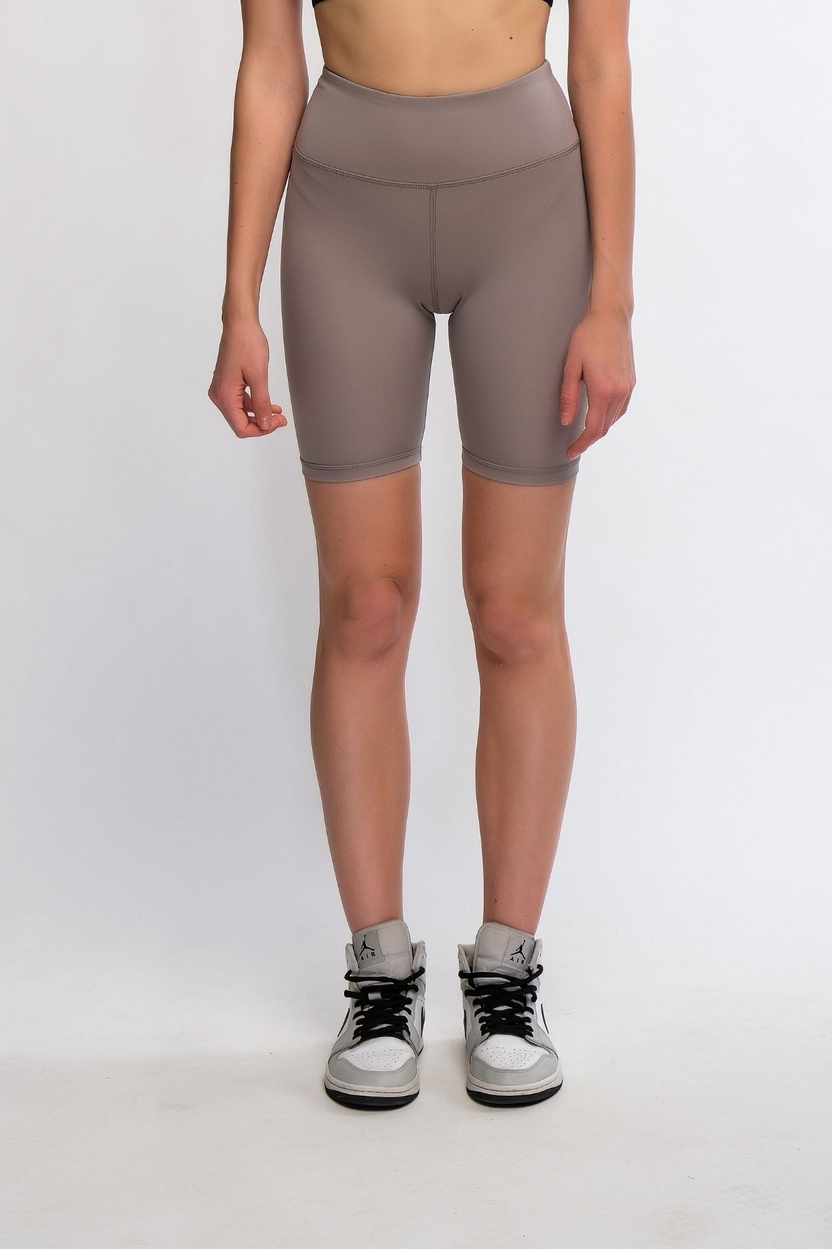 Gri Kadın Yüksek Bel Soft Touch Biker Kısa Şort Spor Tayt - Pageda