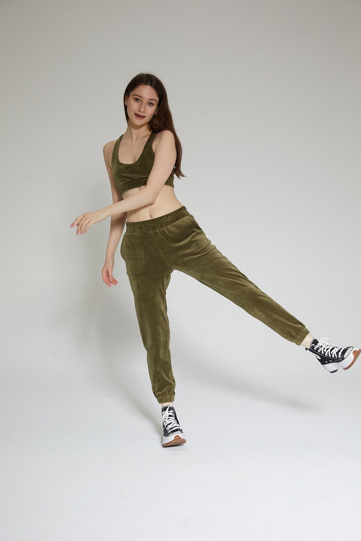 Haki Kadın Kadife Jogger Pantolon - Vale